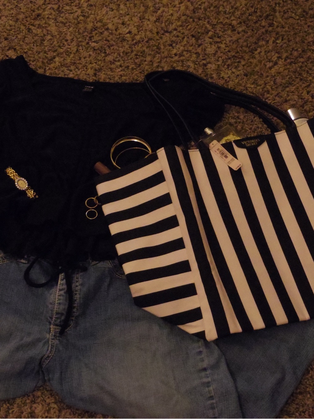 Victoria's Secret Black and White Striped Canvas Tote